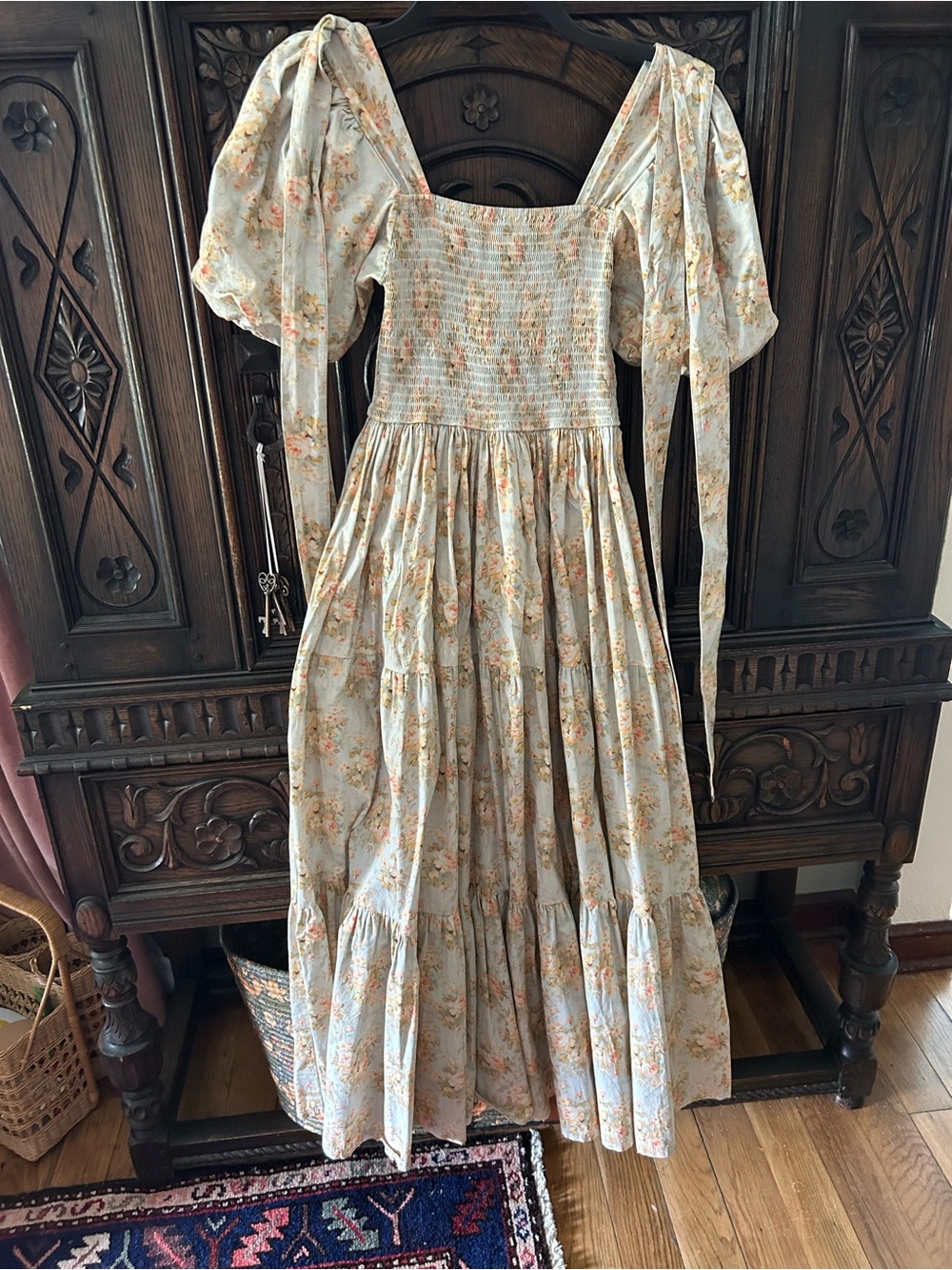 Floral Smocked Midi Dress with Puff Tie Sleeves - Blue Cream Floral